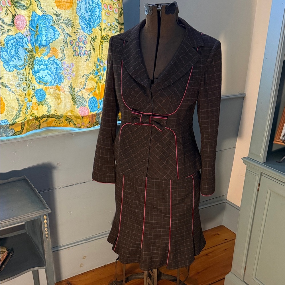 Nanette Lepore Brown Plaid Blazer & Skirt with Pink Piping